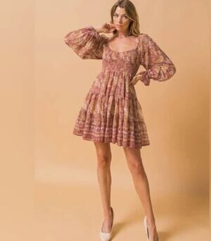 Flying Tomato Sheer Boho Mini Dress Womens L Tan Gold Long Sleeve NWT